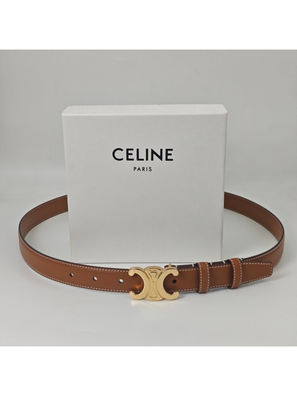 Celine Tan Leather Belt with Gold Triomphe Buckle
